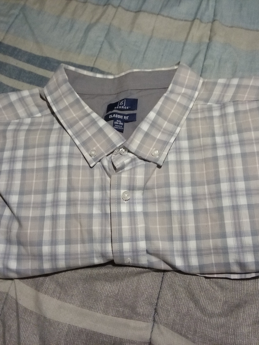 George Classic Fit Men's Button-Down Plaid Shirt - Light Gray/Blue 3XL